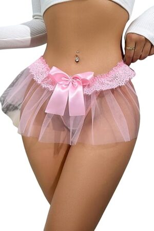 Women Sexy Mesh Panty Ruffle Trim Bow G String Thongs Low Waist Underwear Briefs