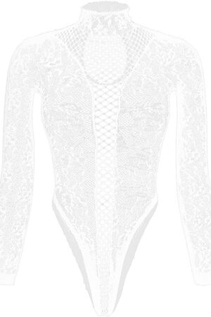 Fishnet Bodysuit Top Sexy One-Piece Long Sleeve Sheer Mesh Teddy Lingerie Outfits for Women Naughty