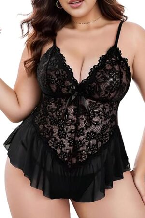 Women Plus Size Lingerie Bodysuit Sexy One Piece Teddy Floral Lace Babydoll Chemise