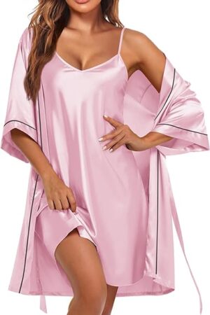 Women's Silky Robe Set V Neck 3/4 Sleeves Satin Bathrobes 2 Piece Bridal Sleepwear Sexy Nightgown