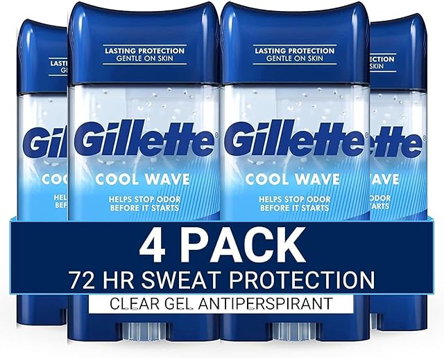Gillette Antiperspirant and Deodorant for Men, 72hr Sweat & Odor Protection, Long Lasting Freshness, Anti-White Mark Technology, Clear Gel, Cool Wave Scent, 38 oz (Pack of 4)
