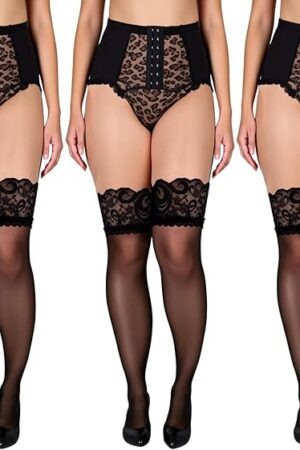 3Pcs Thigh High Stockings, Black Leg Length Stockings Semi Sheer Thigh Highs with Lace Sexy Lingerie Hosiery Pantyhose 30.7 x 7.4in