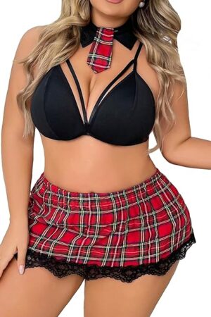 Womens Plus Size 2 Piece School Girl Costume Plaid Tartan Contrast Lace Tie Back Lingerie Set