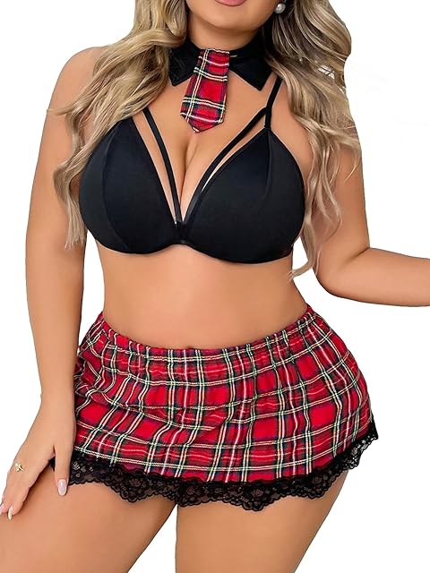 Womens Plus Size 2 Piece School Girl Costume Plaid Tartan Contrast Lace Tie Back Lingerie Set