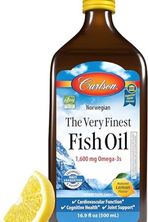 Carlson - The Very Finest Fish Oil, 1600 mg Omega-3s, Liquid Supplement, Norwegian, Wild-Caught, Sustainably Sourced , Lemon, 16.9 Fl Oz