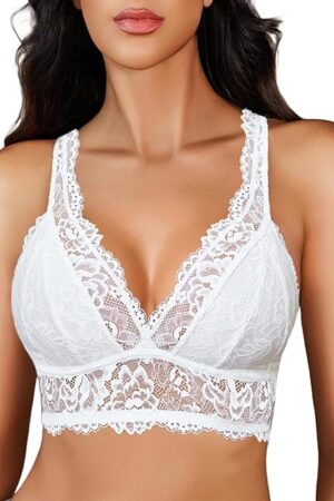 Bralettes for Women Comfort Wireless V Neck Bras Racerback Camisole Tops Sexy Undershirt Lingerie White