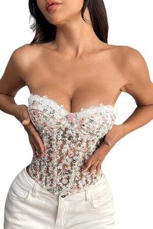 Bandeau Corset Top for Women Flower Embroidery Sexy Strapless Overbust Corset Bustier Push Up Bodyshaper Tube Tops