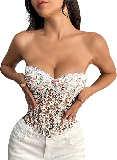Bandeau Corset Top for Women Flower Embroidery Sexy Strapless Overbust Corset Bustier Push Up Bodyshaper Tube Tops