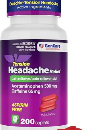 GenCare - Tension Headache Relief Pain Reliever with Acetaminophen 500 mg & Caffeine 65 mg (200 Caplets) Best Value Bulk Extra Strength for Head, Migraine, Joint Pain & Body Ache Relief Medicine