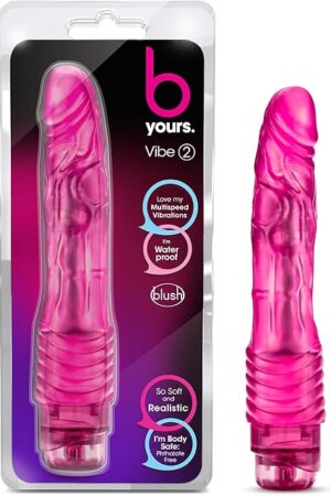 Blush Novelties B Yours Vibe 2 - Soft Realistic Multispeed Vibrating Dildo - 9 Inch Long - Slim 1.5" - Flexible Shaft - IPX7 Waterproof Vibrator - Body Safe Sex Toy for Women - Clear Pink