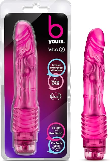 Blush Novelties B Yours Vibe 2 - Soft Realistic Multispeed Vibrating Dildo - 9 Inch Long - Slim 1.5" - Flexible Shaft - IPX7 Waterproof Vibrator - Body Safe Sex Toy for Women - Clear Pink