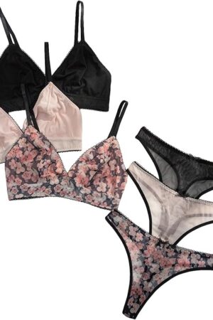 Women's 3 Pack Mesh Bra and Panty Set Triangle Bralette and Underwear Cute Lingerie Set