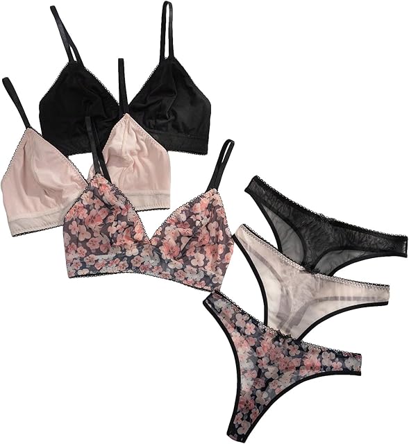 Women's 3 Pack Mesh Bra and Panty Set Triangle Bralette and Underwear Cute Lingerie Set