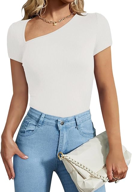 Women's Sexy Asymmetrical Neck Short Sleeve Ribbed Slimming Thong Bodysuit Tops