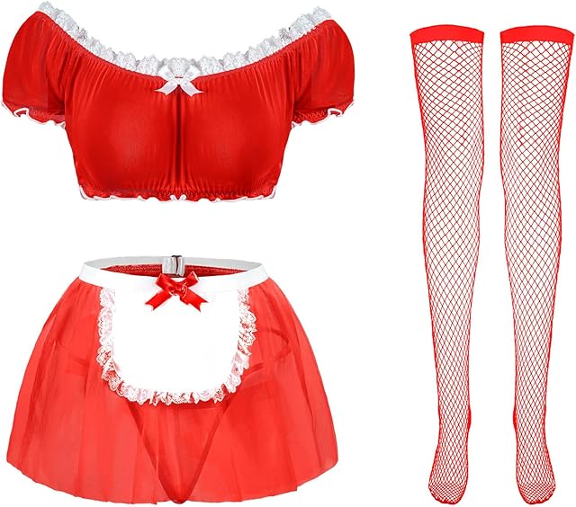 Women's 4 Piece Maid Costume Set with Mesh Top Lace Apron Skirt and Fishnet Stockings for Halloween Cosplay Party