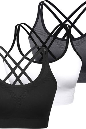 Cross Back Sports Bra for Women Padded Strappy Yoga Bra Medium Support Workout Bra for Athletic Gym Fitness 3 Pack