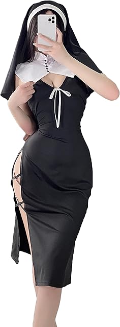 Cosplay Lingerie Sexy Nun Costume Naughty Anime Devil Roleplay Maid Outfit Halloween Goth High Slit Dress Up Nightgowns