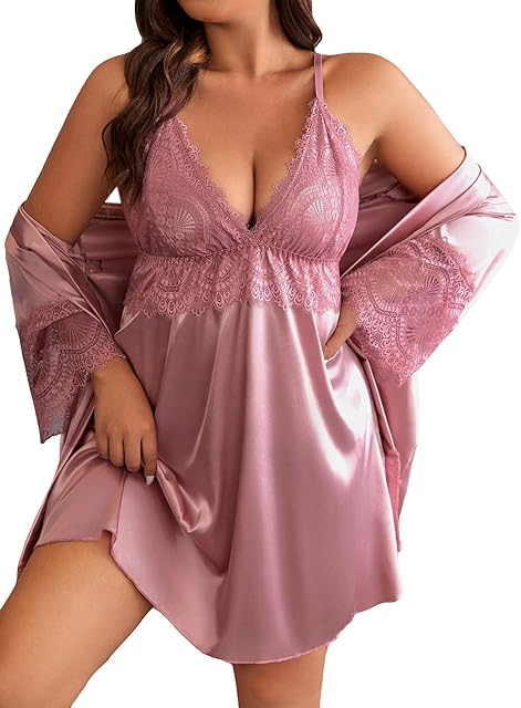 Women's Plus Size 2 Piece Robes Pajama Set Sexy Lingerie Robe Sleepwear with Nightgown Robe Set