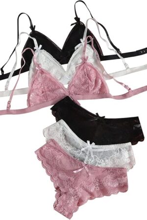 Women's 3 Pack Lace Matching Bra and Panty Sets Bow Cute Bralette Underwear Lingerie Set