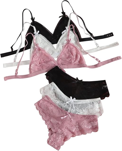 Women's 3 Pack Lace Matching Bra and Panty Sets Bow Cute Bralette Underwear Lingerie Set