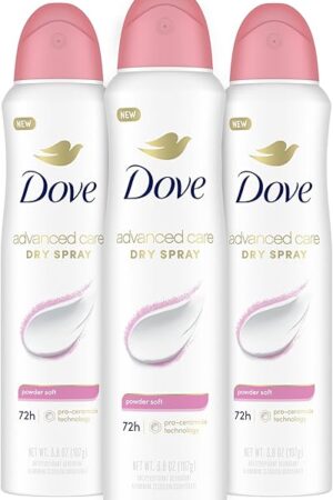 Dove Advanced Care Antiperspirant Deodorant Spray Powder Soft 3 Count to help skin barrier repair after shaving 72 hour antiperspirant deodorant for soft underarms with boosted ceramide levels 38 oz