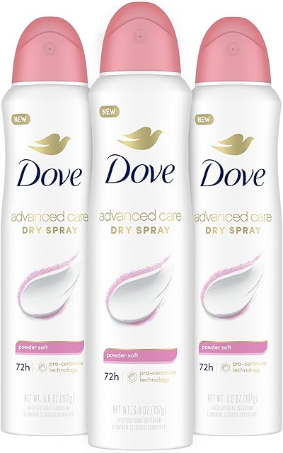 Dove Advanced Care Antiperspirant Deodorant Spray Powder Soft 3 Count to help skin barrier repair after shaving 72 hour antiperspirant deodorant for soft underarms with boosted ceramide levels 38 oz