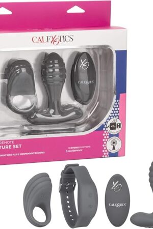 CalExotics Silicone Remote Adventure Set, Rechargeable Waterproof 12-Function Cock Ring and Self Stimulator with 1 Wristband Control and 1 Handheld Control SE-0077-82-3