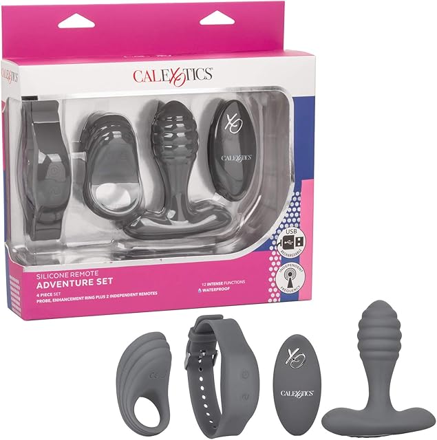 CalExotics Silicone Remote Adventure Set, Rechargeable Waterproof 12-Function Cock Ring and Self Stimulator with 1 Wristband Control and 1 Handheld Control SE-0077-82-3