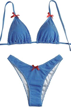 Women's Gingham Bikini Set Bow High Cut Thong Halter Triangle Top Cheeky Cute 2025 Swimsuit Bathing Suit