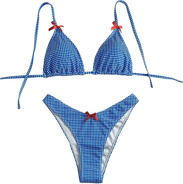 Women's Gingham Bikini Set Bow High Cut Thong Halter Triangle Top Cheeky Cute 2025 Swimsuit Bathing Suit