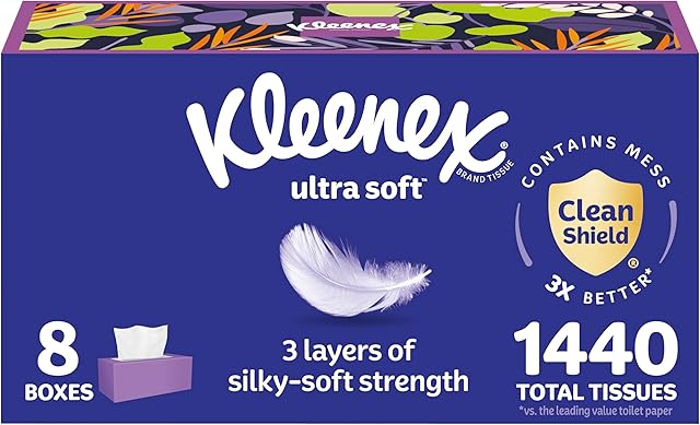 Kleenex Ultra Soft Facial Tissues, 8 Flat Boxes, 180 Tissues per Box, 3-Ply, Packaging May Vary