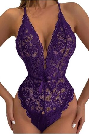 Women's Floral Lace Scalloped Trim Criss Cross Back Lingerie Teddy Bodysuit
