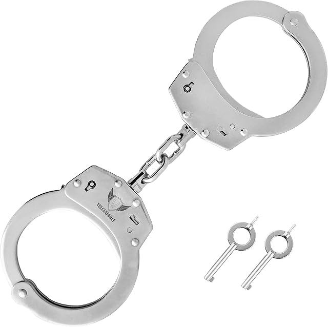 vulcanforce Handcuffs Law Enforcement - Heavy Duty Steel Chain Hand Cuffs - Includes 2 Keys - Extra Sturdy Double Lock - 16 Locking Positions Fit Most Wrists - Perfect for Security, Training