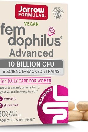 Jarrow Formulas Fem-Dophilus Advanced Vaginal & Digestive Probiotics 10 Billion CFU With 6 Clinically-Studied Strains, For Vaginal, Urinary Tract, Digestive & Immune Support, 30 Capsules, Shelf-Stable