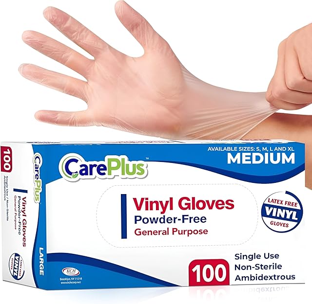 CARE PLUS Vinyl Gloves Clear Medium Size 100 Count | Heavy Duty, Non-Sterile, Powder-Free, Latex-Free Rubber | Food Prep, Kitchen & Cleaning Gloves, Ideal for Professional Use