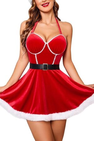 Christmas Lingerie for Woman Sexy Santa Lingerie Dress Santa Claus Costumes Halter Neck Babydoll Chemise S-XXL