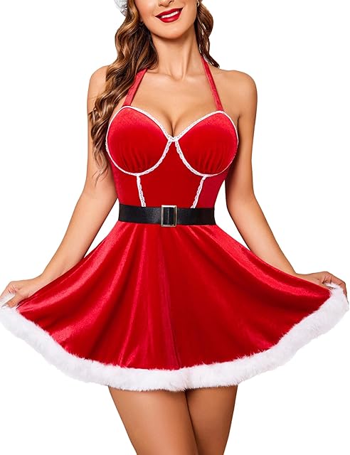Christmas Lingerie for Woman Sexy Santa Lingerie Dress Santa Claus Costumes Halter Neck Babydoll Chemise S-XXL