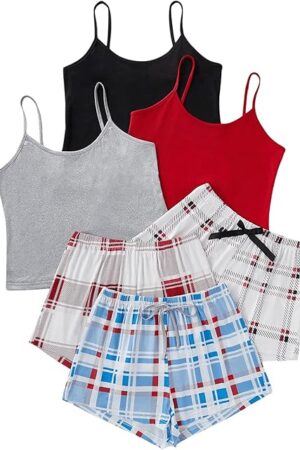 Women's 6 Pack Pajama Set Spaghetti Strap Cami Top and Plaid Shorts Set