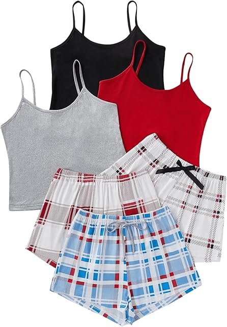 Women's 6 Pack Pajama Set Spaghetti Strap Cami Top and Plaid Shorts Set
