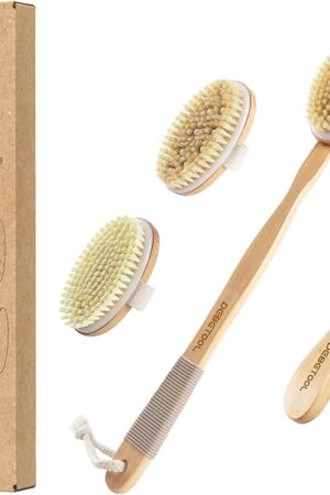 Dry Brushing Set - Natural Boar Bristle Body & Face Brush, Wooden Long Handle Scrub Brush for Cellulite & Lymphatic Drainage, Detachable, 3 Brush Heads