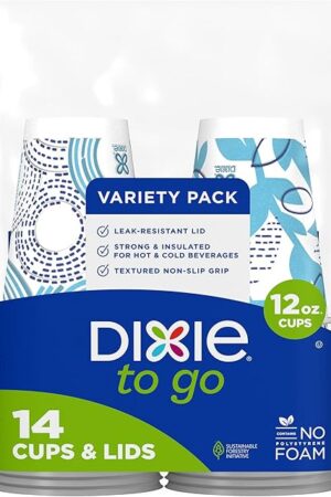 Dixie To Go Paper Coffee Cups With Lids, 12 oz, 14 ct, Disposable Insulated Paper Cups for On-The-Go Hot or Cold Beverages