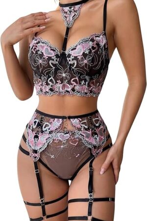 Women Sexy Lace Lingerie with Garter, Love Embroidery Halter Bra and Panty Sets 3 Piece Underwear for Sex Naughty