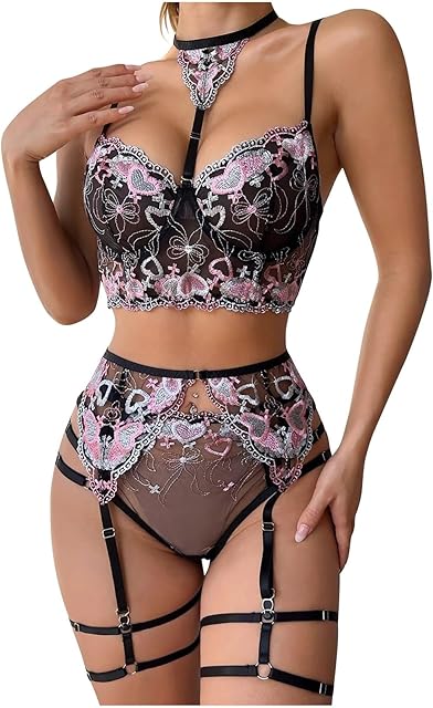 Women Sexy Lace Lingerie with Garter, Love Embroidery Halter Bra and Panty Sets 3 Piece Underwear for Sex Naughty