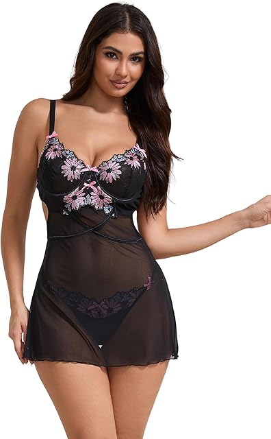 Black Womens Mesh Babydoll Sexy Plus Size Chemise Floral Embroidery Nightgown Breathable Lingerie Set with Thong