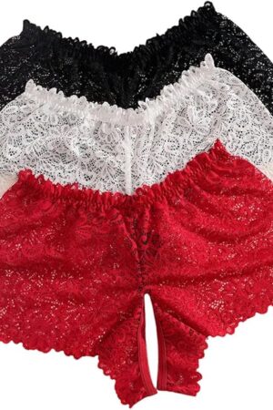Women's Plus Size Crotchless Panties Open Crotch Mid Rise Lace Boyshorts Underwear