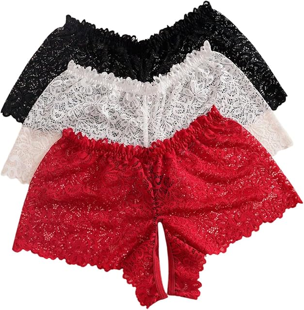 Women's Plus Size Crotchless Panties Open Crotch Mid Rise Lace Boyshorts Underwear