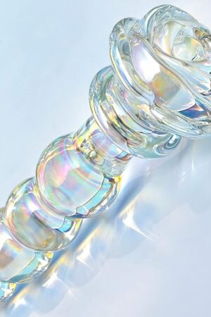 Glass Anal Beads Colorful Butt Plug Prostate Massager with Long Neck, Rose Round Base and 4 Gradual Beads Anal Dilator Fetish Bum Plug Masturbation Sex Toy for Men Women, 5.59 x 1.14 inch TJIJP