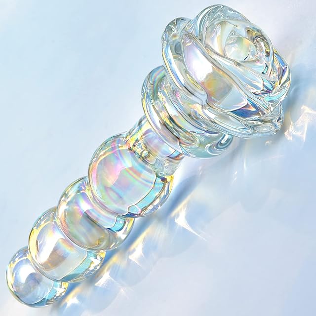 Glass Anal Beads Colorful Butt Plug Prostate Massager with Long Neck, Rose Round Base and 4 Gradual Beads Anal Dilator Fetish Bum Plug Masturbation Sex Toy for Men Women, 5.59 x 1.14 inch TJIJP