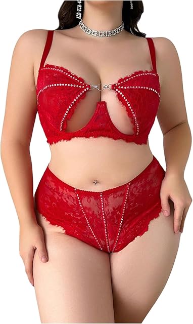 Women's Plus Size 2 Piece Lace Glitter Sequin Cut Out Panty Sets Sexy Underwire Lingerie Set
