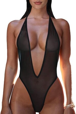 Women's Deep V Teddy Sheer Mesh Babydoll Bodysuit Underwear